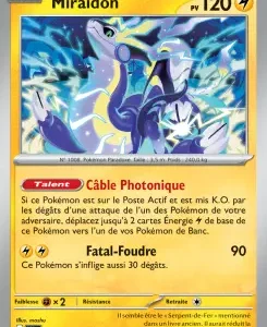 Miraidon basic Pokémon card: 120 HP, Electric type, artwork of Miraidon with blue energy aura and a yellow border, attack deals 90 damage.