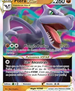 Pokémon Ptéra‑VSTAR trading card with a purple pterodactyl artwork, 260 HP, and attacks Plongée Perdue and Étoile Ancestrale.
