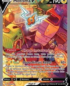 Pokémon card Motisma V, 190 HP, with electric-themed artwork; attacks 'Charge Instantanée' and 'Court-Circuit Rebut' (French).