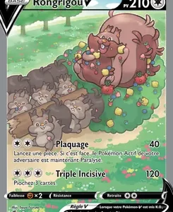 Pokémon trading card for Rongrigou V featuring a large pink multi-creature Pokémon resting on a mossy hill, surrounded by several small gray Pokémon; card shows attacks 'Plague' and 'Triple Incisive' with HP 210 and battle text.