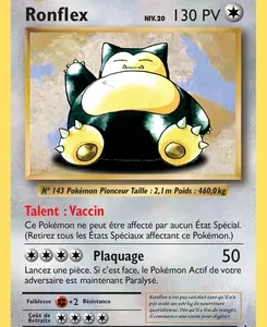 Base French Pokémon card for Ronflex (Snorlax) with 130 HP, showing Snorlax lounging in a frame.