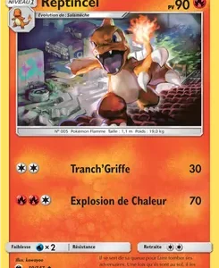 Charmeleon (Reptincel) Pokémon card with 90 HP, fiery illustration, attacks Tranch'Griffe (30) and Explosion de Chaleur (70).