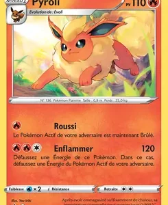 Carte Pokémon Pyroli (Flareon) avec PV 110, évolution d'Évoli, illustration montrant Pyroli dans un décor lumineux.
