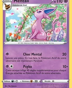 Mentali Pokémon card (Niveau 1) with 110 PV; pink Psychic Pokémon pictured in a flowering garden, moves Choc Mental (20) and Psyko (10+).