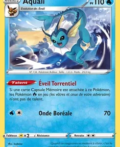 Pokemon trading card: Vaporeon (Évoli évolué) with 110 HP, Water type, move Onde Boréale 70, card number 034/185, blue ocean background