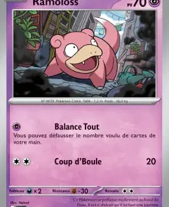 Carte Pokémon Ramoloss: 70 PV, Slowpoke rose émergeant de décombres dans une rue dévastée; attaques Balance Tout et Coup d’Oule (20).