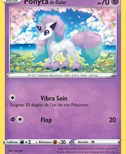 Carte Pokémon TCG Ponyta de Galar — PV 70, illustration d'un Ponyta blanc et violet dans un champ fleuri; attaques Vibra Soin (soignez 30 dégâts d'un de vos Pokémon) et Flip (20 dégâts)