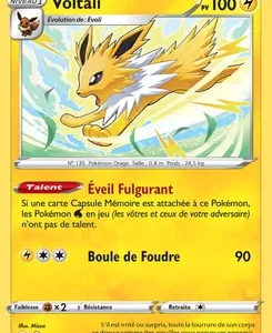Carte Pokémon Voltali (Jolteon): HP 100, illustration d’un Jolteon jaune en mouvement; attaques Éveil Fulgurant et Boule de Foudre (90).