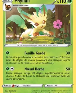 French Leafeon Pokémon card (Phyllali) with 110 HP, in a forest background, showing two moves: Feuille Garde and Nœud Herbe.