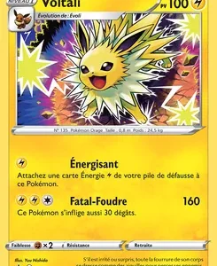 Voltali Pokémon card: electric type with attack 'Fatal-Foudre' 160 DMG on a bright yellow card with a spiky electric Pokémon illustration.