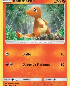 Front of a Fire-type Pokémon card Salamèche (Charmander) with HP 70, standing in a rainy forest. Attacks listed: Griffe - 10 and Queue de Flammes - 20. Weakness Water ×2; Retreat cost 1.