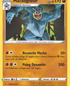 Carte Pokémon française Mackogneur (Évolution de Machopeur), 170 PV, illustration d’un Machamp bleuté en pose de combat dans une grotte; attaques Revanche Macho et Ping Dynamite.
