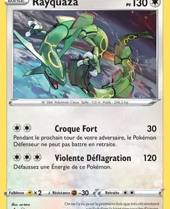 Carte Pokémon Rayquaza: 130 PV, deux attaques (Croque Fort — 30, Violente Déflagration — 120) avec les détails en français sur l'image de la carte.