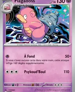 Carte Pokémon Flagadoss, PV 130, type Psy, illustration montrant un Pokémon rose en forme de masse avec une bouche grande, surmonté d’un dragon bleu dans un fond violet électrique. Attaques: « À Fond » (50+), et « Psykoud’Boul » (110).