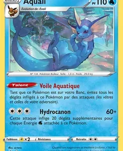 Carte Pokémon Aquali, type Eau, PV 110, illustration d’un dragon bleu nageant sous l’eau; attaques Hydrocanon et Talent Voile Agile.