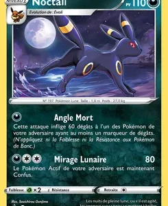Umbreon Pokémon card (Noctali) with 110 HP, shown on a moonlit shoreline; moves Angle Mort and Mirage Lunaire (80).