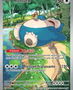 French Snorlax card (Ronflex) with 150 HP, resting in a forest by a river; includes Talent Avidéte and Attacks like Pression Fracassante and others.