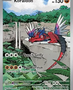 Koraidon Pokémon card with HP 130, red dragon perched among jungle ruins and waterfalls, showing its attacks Tranch-Griffe and Croc Furieux.