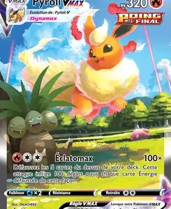 Pyroli VMAX Pokémon card: a large, flame-crested fox Pokémon in a sunny field, ready to attack with Éclatomax (100×) and energy icons on the card edge.