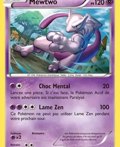 Pokémon trading card: Mewtwo with 120 HP, purple border from the Base set; two attacks shown: 'Choc Mental' (20) and 'Lame Zen' (100), with accompanying French card text.