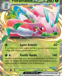 Carte Pokémon Floramantis ex, PV 260, illustration d’un mantis rose dans un fond lumineux; attaques visibles: Lame Anée (60+) et Feuille Garde (140).