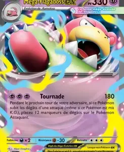 Front of a Pokémon trading card: Mega Flagadoss EX with 330 HP, featuring vibrant battle artwork and the Tournade attack details visibly printed on the card.