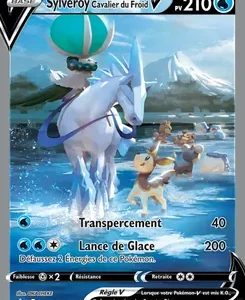 French Pokémon card featuring a white horse-like Pokémon named Sylveur, riding on water with icy mountains in the background, HP 210, with moves Transpercement and Lance de Glace.