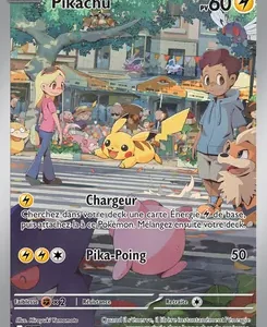 Pokémon trading card featuring Pikachu in a market scene, with Chargeur ability and the Pika-Poing attack (50 damage), HP 60.