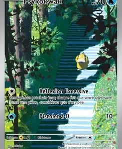 Psykokwak Pokémon card showing Psyduck in a jungle with a waterfall; 70 HP, Water type, attacks Réflexion Excessive and Pistolet à eau.