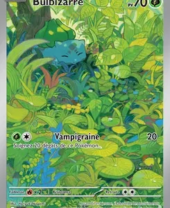 Carte Pokémon montrant Bulbizarre dans une jungle dense, PV 70; attaque Vampigraine inflige 20 dégâts et soigne 20 dégâts à ce Pokémon.