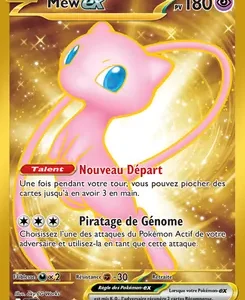Base Set Mew ex Pokémon card featuring a pink Mew on a shimmering gold background with French attack names Nouveau Départ and Piratage de Génome, energy costs visible.
