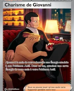 Pokémon TCG Supporter card 'Charisme de Giovanni' showing Giovanni lounging in a suit with a large dog on a red velvet sofa, bar background and French card text.