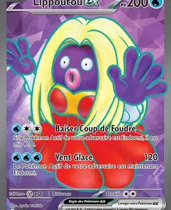 Pokémon Lippoutou GX card with 200 HP; artwork shows a purple blob creature with long yellow hair, red outfit, and blue hands on a purple background; attacks include Vent Glacé (120) and Baiser Coup de Foudre.