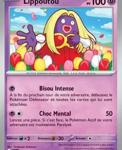 French Pokémon card for Lippoutou (100 HP); a purple creature with a heart on its chest stands among tulips in a bright field; attacks include Bisou Intensé and Choc Mental.