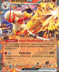 Braségali ex Pokémon card: a Blaziken Fire-type EX with 320 HP, depicted in an intense fiery battle, showcasing its attacks (Esprit Bouillonnant and Pyro-ette).