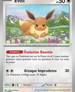 Pokémon trading card featuring Évoli (Eevee) with 50 HP; artwork shows Eevee resting in a meadow with mountains in the background. Card text includes an attack named Attaque Imprudente (30) and a note that this Pokémon also hurts itself for 10 damage.