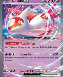 Pokémon Latias EX card with 210 HP, showing Latias flying with pink energy trails; attacks are Taxi Aérien and Lame Éon (200).