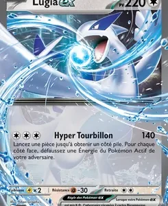 Front of a Lugia-EX Pokémon card with 220 HP, artwork of Lugia swirling water, and the Hyper Tourbillon attack dealing 140 damage (French text).