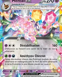 French Pokémon card featuring a crystal dragon artwork, with HP 270 and attacks Déstabilisation (160) and Améthyste Chevron; colorful magical background.