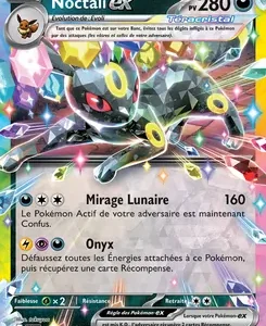 French Noctali ex Pokémon-EX card with holographic rainbow foil; shows Noctali (Umbreon) in a dynamic pose among crystal shards, HP 280, attacks Mirage Lunaire 160 and Onyx, with type and energy icons visible.