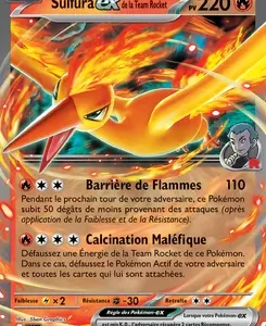 Pokémon card Sulfura EX featuring Moltres in flames, HP 220, with Barrière de Flammes and Calcination Maléfique attacks.