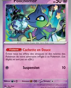 Polichombr basic Pokémon card with purple border and 50 HP, showing Polichombr in a lab scene with its attack 'Cachette en Douce' and ability text.