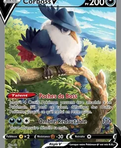 Pokémon trading card featuring Corboss V, a blue-and-white bird with a black crest, on a forested background, 200 HP