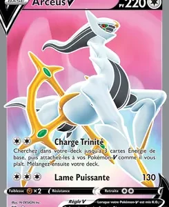 French Arceus V Pokémon card with 220 HP on a pink background, showing attacks Charge Trinite and Lame Puissante.