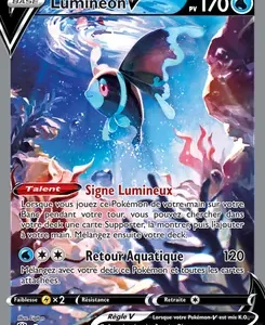 French Lumineon V Pokémon card showing underwater scene, 170 HP, two attacks including "Retour Aquatique" for 120 damage.