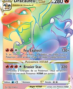 French Pokémon card featuring Dracaufeu VSTAR with two dragons clashing, HP 280, showing move Feu Explosif 130+ and energy icons