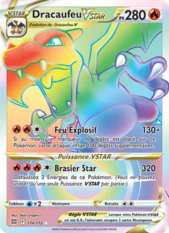 French Pokémon card featuring Dracaufeu VSTAR with two dragons clashing, HP 280, showing move Feu Explosif 130+ and energy icons