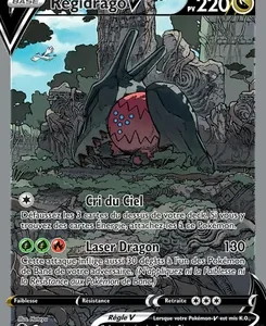 Pokémon trading card: Regidrago V with 220 HP, shown in a ruined stone setting; two attacks are listed, one dealing 130 damage (the other has its own energy cost and effect).