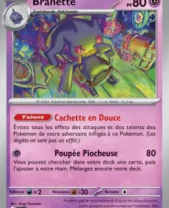 French Pokémon card Branette, HP 80, ghost-type, illustrated in a treasure-filled scene with attacks Cachette en Douce and Poupée Piocheuse