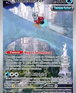 French Pokémon card Hotte-de-Fer, 100 HP, penguin on ice, with attacks Hyper Souffleuse and Flux Réfrigé, energy symbols.